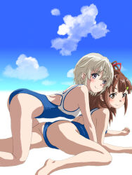Rule 34 | 2girls, all fours, barefoot, blue one-piece swimsuit, blue sky, brown eyes, brown hair, cloud, competition swimsuit, feet out of frame, hal-py, high school fleet, highres, irizaki mei, long hair, looking at viewer, multiple girls, one-piece swimsuit, ponytail, school swimsuit, short hair, sky, swimsuit, tateishi shima, two-tone swimsuit, white hair