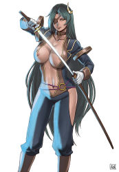 Rule 34 | 1girl, areola slip, azasuke, blue hair, breasts, center opening, cleavage, collar, collarbone, crescent, crescent hair ornament, date masamune, date masamune (sengoku collection), eyepatch, gender request, genderswap, gloves, hair ornament, huge breasts, katana, long hair, looking at viewer, navel, nipple slip, nipples, scabbard, sengoku collection, sheath, signature, simple background, solo, sword, very long hair, weapon, white background, yellow eyes