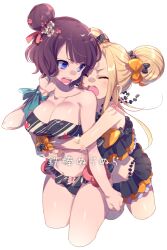 Rule 34 | 2girls, abigail williams (emerald float) (fate), abigail williams (fate), bare shoulders, bikini, black bikini, black bow, black skirt, blonde hair, blue eyes, blush, bow, breasts, cleavage, closed eyes, collarbone, double bun, echo (circa), fate/grand order, fate (series), floral print, forehead, frilled bikini, frills, hair bow, hair bun, hair ornament, hairpin, hug, katsushika hokusai (fate), katsushika hokusai (painting summer) (fate), large breasts, long hair, looking back, microskirt, multiple girls, navel, octopus, open mouth, orange bow, parted bangs, purple hair, short hair, skirt, small breasts, swimsuit, thighs, tokitarou (fate), translation request