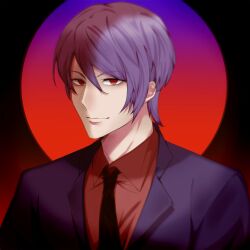 Rule 34 | 1boy, absurdres, black background, black necktie, closed mouth, collared shirt, hair between eyes, highres, jacket, necktie, open clothes, open jacket, purple background, qiao mu, red background, red shirt, shirt, short hair, smile, solo, tokyo ghoul, tsukiyama shuu