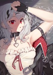 Rule 34 | 1girl, absurdres, armpits, bare shoulders, black hair, breasts, camisole, ear piercing, earrings, fingerless gloves, frilled camisole, frills, gloves, grey hair, hair ornament, heart collar, highres, hololive, jewelry, large breasts, looking at viewer, medium hair, multicolored hair, nail polish, off-shoulder jacket, off shoulder, piercing, red eyes, red nails, sakamata chloe, solo, streaked hair, virtual youtuber, white camisole, x hair ornament, yzr (yzr99)