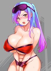 Rule 34 | &gt;:o, 1girl, :o, bikini, blue hair, blush, breasts, cleavage, collarbone, covered erect nipples, cowboy shot, gradient hair, grey background, large breasts, long hair, looking at viewer, mask, mask on head, mole, mole on breast, multicolored hair, navel, open mouth, original, purple hair, red bikini, simple background, sleep mask, solo, swimsuit, teeth, thighs, trembling, two side up, v-shaped eyebrows, zaxwu