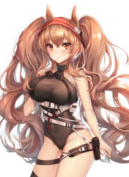 Rule 34 | 1girl, angelina (arknights), angelina (distinguished visitor) (arknights), animal ears, arknights, bare arms, bare shoulders, belt, belt pouch, black choker, black leotard, black thighhighs, breasts, choker, covered navel, cowboy shot, fox ears, groin, hairband, hand up, large breasts, leg belt, leotard, long hair, looking at viewer, multiple belts, no tail, official alternate costume, orange hair, parted lips, pouch, red eyes, simple background, single thighhigh, solo, taut clothes, taut leotard, thigh strap, thighhighs, thighs, twintails, very long hair, white background, yuemanhuaikong