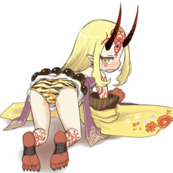Rule 34 | 1girl, all fours, blonde hair, blush, fate/grand order, fate (series), feet, floral print, horns, ibaraki douji (fate), japanese clothes, kimono, long hair, oni, panties, pointy ears, striped clothes, striped panties, tattoo, tiger panties, tiger stripes, toes, underwear, yellow panties