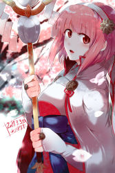 Rule 34 | 1girl, artist name, blush, breasts, cape, cherry blossoms, dated, fingerless gloves, fire emblem, fire emblem fates, gloves, hairband, japanese clothes, kimono, kinokisaki, looking at viewer, nintendo, nontraditional miko, open mouth, pink hair, red eyes, sakura (fire emblem), short hair, solo, staff, upper body, white gloves