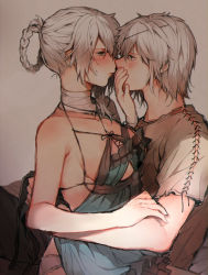 Rule 34 | 1boy, 1girl, arms around waist, bandaged arm, bandages, blush, breasts, cleavage, covering another&#039;s mouth, eye contact, funa2001, hand over another&#039;s mouth, highres, hug, kaine (nier), looking at another, nier, nier (series), nier (brother), nightgown, short hair, silver hair, sweatdrop
