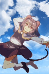 Rule 34 | 1girl, animal ears, arms up, black footwear, black skirt, black vest, blue sky, cape, closed mouth, cloud, cloudy sky, eyes visible through hair, flying, grey cape, grey hair, hair between eyes, hands up, highres, long sleeves, looking at viewer, mouse ears, mouse tail, nayozane (worker7), nazrin, red eyes, shirt, shoes, short hair, skirt, sky, smile, socks, solo, tail, touhou, vest, white shirt, white sleeves, white socks