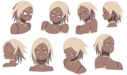 Rule 34 | 1girl, accio, bad id, bad pixiv id, bare shoulders, blonde hair, blush, breasts, character request, character sheet, cleavage, closed eyes, dark skin, earrings, expressions, eyebrows, frown, gloves, jewelry, laughing, multiple views, necklace, open mouth, original, pixiv fantasia, pixiv fantasia fallen kings, pout, short hair, simple background, slit pupils, smile, tears, upper body, white background, yellow eyes