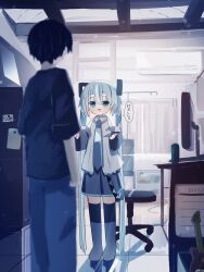 Rule 34 | 1boy, 1girl, black footwear, black skirt, black sleeves, blue eyes, blue hair, blue necktie, blush, boots, cable, commentary, computer, detached sleeves, energy drink, english text, facing another, from behind, grey shirt, guitar, hair ornament, hands up, hatsune miku, highres, hikimayu, indoors, instrument, light particles, long hair, looking at another, magnet, monster energy, necktie, open mouth, pleated skirt, reflective floor, refrigerator, refrigerator magnet, shadow, shirt, skirt, sleeveless, sleeveless shirt, smile, speech bubble, swivel chair, syare 0603, thigh boots, tile floor, tiles, twintails, very long hair, vocaloid, wide sleeves