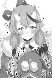 Rule 34 | 1girl, bad id, bad twitter id, closed mouth, fur trim, greyscale, hair ornament, hairpin, heart, highres, horns, implied handjob, long hair, long sleeves, looking at viewer, mole, mole under eye, monochrome, nijisanji, nishiuri, o-ring, o-ring top, pointy ears, rindou mikoto, sidelocks, skin-covered horns, smile, solo focus, virtual youtuber
