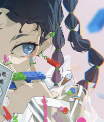 Rule 34 | 1girl, absurdres, blue eyes, blurry, blurry background, braid, daichi, food, highres, ice cream, lego brick, looking to the side, nail polish, original, piercing, see-through, smiley face, solo, zipper