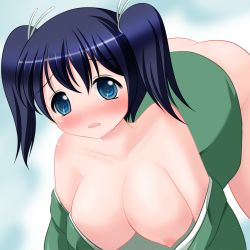 Rule 34 | 10s, 1girl, blue eyes, blue hair, blush, bottomless, breasts, hair ribbon, kantai collection, large breasts, looking at viewer, matching hair/eyes, off shoulder, open mouth, personification, ribbon, riku (rikkuru), solo, souryuu (kancolle), twintails