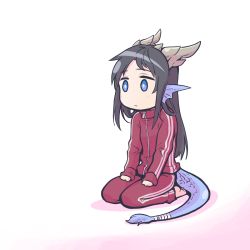 Rule 34 | 1girl, animal ears, black hair, blue eyes, dragon ears, dragon girl, dragon horns, dragon tail, full body, highres, horns, ishiyumi, karin (p&amp;d), long hair, looking away, puzzle &amp; dragons, seiza, simple background, sitting, solo, tail, track suit, white background