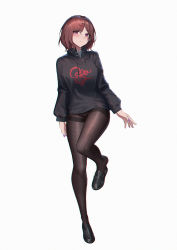 Rule 34 | 1girl, absurdres, bad id, bad pixiv id, black footwear, black pantyhose, black sweater, blush, brown hair, chromatic aberration, closed mouth, full body, hair ornament, hairclip, highres, higuchi madoka, huge filesize, idolmaster, idolmaster shiny colors, leg up, loafers, long sleeves, looking at viewer, mole, mole under eye, nail polish, no pants, pantyhose, print sweater, purple eyes, purple nails, shoes, short hair, simple background, solo, sweater, thighband pantyhose, white background, yurichtofen