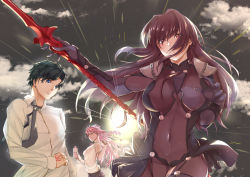 Rule 34 | 1boy, 2girls, armor, bad id, bad pixiv id, black hair, bodysuit, bottle, breasts, brown hair, chaldea uniform, cloud, cloudy sky, command spell, covered navel, fate/grand order, fate (series), fujimaru ritsuka (male), gae bolg (fate), hair intakes, highres, holding, holding weapon, kuziaaizuk, large breasts, leotard, long hair, looking at viewer, medb (fate), moon, multiple girls, necktie, night, outdoors, pauldrons, pink hair, polearm, purple bodysuit, purple hair, purple leotard, red eyes, scathach (fate), shirt, shoulder armor, sky, smile, spear, t-shirt, tiara, water bottle, weapon, yellow eyes