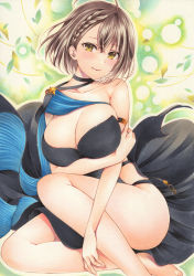 Rule 34 | 1girl, armlet, ass, asymmetrical clothes, azur lane, baltimore (azur lane), baltimore (evening breeze minuet) (azur lane), black cloak, black dress, blue cape, blue cloak, braid, breasts, brown hair, cape, cleavage, cloak, dress, evening gown, feet out of frame, highres, large breasts, marker (medium), official alternate costume, saya pr, short hair, side slit, sideless outfit, single bare shoulder, solo, striped cape, traditional media, two-tone cape, yellow eyes