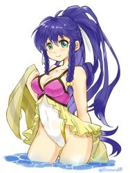 Rule 34 | 1girl, bare shoulders, blue eyes, blue hair, braid, breasts, cleavage, fire emblem, fire emblem: the sacred stones, fire emblem heroes, long hair, medium breasts, nintendo, one-piece swimsuit, ponytail, side braid, smile, solo, striped towel, swimsuit, tana (fire emblem), tana (summer) (fire emblem), towel, twin braids, twitter username, water, yukia (firstaid0)