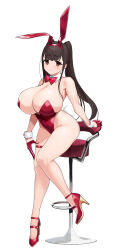 Rule 34 | 1girl, animal ears, bar stool, bare shoulders, blunt bangs, bow, bowtie, breasts, brown hair, cleavage, detached collar, detached sleeves, fake animal ears, fake tail, full body, gloves, half gloves, high heels, highres, hug, huge breasts, leotard, light smile, long hair, omizu (h2o), original, playboy bunny, rabbit ears, rabbit tail, red bow, red bowtie, red eyes, red footwear, red gloves, red leotard, shoes, simple background, sitting, solo, stool, tail, twintails, white background