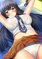 Rule 34 | 10s, 1boy, 1girl, absurdres, admiral (kancolle), agano (kancolle), anchor symbol, beach, black hair, blue eyes, blush, breasts, brown skirt, cameltoe, covered erect nipples, elbow gloves, giant, giantess, gloves, highres, ichikawa feesu, kantai collection, large breasts, lips, long hair, looking at viewer, lying, navel, necktie, outdoors, panties, pantyshot, pleated skirt, shibata rai, shirt, skirt, smile, tank top, thighs, underwear, water, wet, wet clothes, white gloves, white shirt