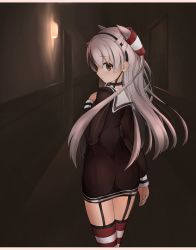Rule 34 | 1girl, amatsukaze (kancolle), ass, black dress, choker, dress, garter straps, hallway, highres, indoors, kantai collection, light, long hair, looking back, munehiro (21plus), see-through, see-through dress, thighhighs, twintails, two side up, white hair, yellow eyes