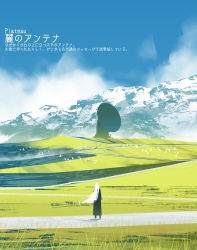 Rule 34 | 1girl, absurdres, asteroid ill, bird, black dress, blue sky, cloud, day, dress, english text, flock, fog, from behind, full body, grass, highres, iz (asteroid ill), japanese text, landscape, long hair, mixed-language text, mountain, original, outdoors, path, road, satellite dish, scenery, sky, snow, solo, standing, translation request, very long hair, very wide shot, white hair