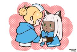 2girls :&lt; adjusting_another&#039;s_clothes adjusting_bow adjusting_clothes animal_ears ariazi blonde_hair blue_bow blue_capelet blue_eyes blue_hood blunt_bangs bow brown_gloves capelet castti_florenz chibi closed_mouth cropped_torso dark-skinned_female dark_skin dated facial_mark gloves hair_bun hair_intakes halftone halftone_background hat highres hood hood_down hooded_capelet long_hair multiple_girls nurse_cap ochette_(octopath_traveler) octopath_traveler octopath_traveler_ii sideways_mouth single_hair_bun smile twitter_username white_hair