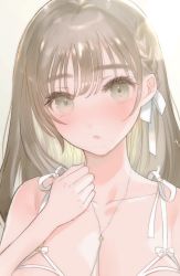 Rule 34 | 1girl, :o, bare arms, bare shoulders, blush, bow, bow bra, bra, braid, breasts, close-up, collarbone, commentary, commission, cupless bra, english commentary, eyebrows, eyelashes, green eyes, green ribbon, hair ribbon, hand on own chest, highres, jewelry, light brown hair, long hair, looking at viewer, makeup, mascara, medium breasts, miyako (xxxbibit), necklace, original, out-of-frame censoring, parted lips, ribbon, shiny skin, simple background, solo, straight hair, symbol-only commentary, underwear, upper body, white background, white bow, white bra