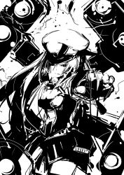 Rule 34 | 1girl, bare shoulders, bismarck (kancolle), blonde hair, blue eyes, breasts, cowboy shot, detached sleeves, fingerless gloves, gloves, greyscale, hair between eyes, hand on headwear, hand up, hat, highres, holding, kantai collection, long hair, long sleeves, looking at viewer, machinery, medium breasts, military, military uniform, monochrome, parted lips, peaked cap, sideboob, sidelocks, sketch, smile, solo, standing, thighs, turret, uniform, yototeitoku