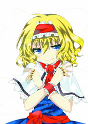 Rule 34 | 1girl, alice margatroid, blonde hair, blue eyes, cape, capelet, female focus, hairband, highres, jewelry, ring, sash, shingetsu takehito, solo, string, touhou, upper body, wavy hair, wrist cuffs