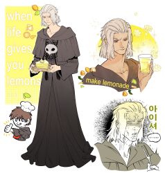 Rule 34 | ..., 1boy, 5altybitter5, :q, :|, adventurer (ff14), black capelet, black robe, cake, cake slice, capelet, chef hat, chibi, chibi inset, closed mouth, collarbone, cup, drawstring, drinking glass, emet-selch, english text, final fantasy, final fantasy xiv, flower, food, fork, frown, fruit, full body, furrowed brow, hat, highres, holding, holding cup, holding fork, holding plate, hood, hood down, hooded capelet, juice, korean commentary, korean text, lemon, lemon cake, looking down, male focus, mask, mask around neck, multiple views, plate, robe, short hair, simple background, sour (taste), sparkle, spoken ellipsis, standing, tassel, thumbs up, tongue, tongue out, translation request, unworn mask, veins, warrior of light (ff14), white background, white hair, yellow eyes, yellow flower