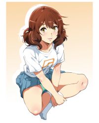 Rule 34 | 1girl, blue skirt, brown eyes, brown hair, commentary, green panties, hibike! euphonium, highres, indian style, looking at viewer, open mouth, oumae kumiko, panties, pantyshot, pleated skirt, sbel02, shirt, short hair, simple background, sitting, skirt, smile, socks, solo, symbol-only commentary, underwear, white shirt, white socks