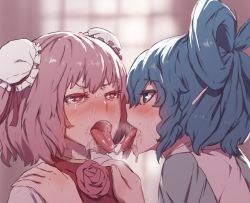 Rule 34 | 2girls, blue eyes, blue hair, blush, bun cover, colored eyelashes, commentary request, double bun, eye contact, flower, french kiss, hair bun, hair rings, hands on another&#039;s shoulders, highres, ibaraki kasen, kaku seiga, kiss, looking at another, multiple girls, nose blush, open mouth, pink eyes, pink flower, pink hair, pink rose, portrait, rose, saliva, senmura, short hair, tongue, tongue out, touhou, yuri