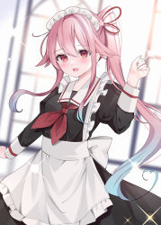 Rule 34 | 1girl, absurdres, alternate costume, apron, black dress, blush, dress, enmaided, gradient hair, hair between eyes, harusame (kancolle), highres, kantai collection, long hair, long sleeves, maid, maid apron, maid headdress, multicolored hair, open mouth, pink hair, red eyes, side ponytail, smile, solo, upper body, white apron, yoshino (mfmfpng)