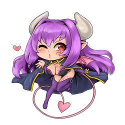 Rule 34 | 1girl, alma elma, bare shoulders, blowing kiss, breasts, bridal gauntlets, cape, chibi, demon girl, demon tail, demon wings, full body, heart, horns, jing li, long hair, mon-musu quest!, one eye closed, pointy ears, purple hair, red eyes, solo, tail, tattoo, thighhighs, tongue, tongue out, torn clothes, transparent background, very long hair, white background, wings