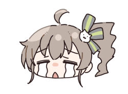 Rule 34 | 1girl, ahoge, brown hair, cat hair ornament, chestnut mouth, chibi, closed eyes, crying, facing viewer, hair ornament, head only, hololive, natsuiro matsuri, okota mikan, open mouth, side ponytail, simple background, solo, streaming tears, tears, virtual youtuber, white background