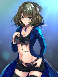 Rule 34 | 10s, 1girl, black panties, black thighhighs, blue eyes, blush, breasts, cleavage, collarbone, cowboy shot, crop top, green eyes, green hair, grey ribbon, groin, hair ornament, hair ribbon, heterochromia, idolmaster, idolmaster cinderella girls, jacket, jewelry, long sleeves, looking at viewer, matching hair/eyes, mole, mole under eye, navel, necklace, open clothes, open jacket, open shorts, panties, parted lips, ribbon, sengoku aky, short hair, short shorts, shorts, small breasts, solo, stomach, sweat, takagaki kaede, thighhighs, underboob, underwear