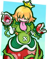 Rule 34 | 1girl, :d, belly, blonde hair, blue background, border, breasts, commentary request, covered eyes, crown, dress, facing viewer, flipped hair, gradient background, green background, green dress, hair over eyes, highres, kafuka5364, long hair, long tongue, mario (series), medium breasts, mini crown, multicolored background, new super mario bros. u deluxe, nintendo, open mouth, outside border, piranha plant, plant, polka dot, polka dot hair, polka dot skirt, princess piranha plant, puffy short sleeves, puffy sleeves, red skirt, saliva, shaded face, sharp teeth, short sleeves, simple background, skirt, smile, solo, super crown, teeth, thorns, tongue, tongue out, vines, white border