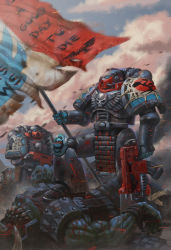 Rule 34 | 4boys, absurdres, adeptus astartes, armor, armored boots, blood, blue sky, bolter, boots, cloud, cloudy sky, death, flag, full body, gauntlets, gun, helmet, highres, holding, holding flag, holding gun, holding weapon, imperium of man, japanese armor, jubjubjedi, multiple boys, orc, ork (warhammer), pauldrons, power armor, shoulder armor, skull, sky, standing, warhammer 40k, weapon