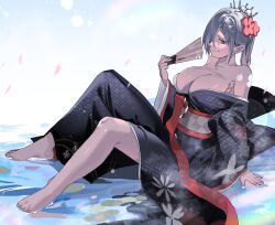 Rule 34 | 1girl, barefoot, breasts, cleavage, flower, folding fan, full body, girls&#039; frontline, grey eyes, grey hair, hair flower, hair ornament, hand fan, highres, holding, holding fan, japanese clothes, kimono, large breasts, medium hair, mg5 (dark blossom of the end) (girls&#039; frontline), mg5 (girls&#039; frontline), official alternate costume, sideways glance, sitting, smile, solo, water, yongsadragon