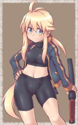 Rule 34 | 1girl, ahoge, bike shorts, blonde hair, commentary request, green eyes, hand on own hip, highres, jacket, koshirae tsurugi (m.m), long hair, m.m, midriff, navel, open clothes, open jacket, original, ponytail, sheath, sheathed, shorts, smile, solo, sword, tank top, weapon
