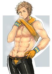 Rule 34 | 10s, 1boy, abs, breath, brown hair, clothes lift, creatures (company), game freak, gloves, green eyes, hand on own hip, highres, hood, hoodie, male focus, muscular, nintendo, nipples, orange gloves, parted lips, pokemon, pokemon go, pubic hair, shirt lift, sleeveless, sleeveless hoodie, solo, spark (pokemon), sweat, underwear, unzipped, white background, yusa (usa kotobuki)