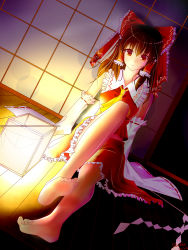 Rule 34 | 1girl, absurdres, barefoot, black hair, clouble, detached sleeves, dutch angle, feet, hair ornament, hakurei reimu, highres, indoors, japanese clothes, lace-trimmed sleeves, lace trim, long hair, miko, red eyes, red ribbon, red shirt, red skirt, ribbon, shirt, sitting, skirt, smile, soles, solo, toes, touhou