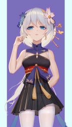 Rule 34 | 1girl, arm behind back, black dress, black nails, blue background, blue eyes, blue flower, chinese clothes, dress, earrings, flower, from below, hair between eyes, hair flower, hair ornament, heart-heavenly5, highres, honkai (series), honkai impact 3rd, jewelry, looking at viewer, nail polish, open mouth, pantyhose, purple background, single earring, sleeveless, solo, teeth, theresa apocalypse, zhuge kongming (honkai impact), two-tone background, white flower, white hair, white pantyhose, zhuge kongming (honkai impact)