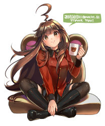 Rule 34 | 1girl, ahoge, alternate costume, black footwear, black skirt, black thighhighs, boots, brown eyes, brown hair, buttons, closed mouth, cup, dated, girls und panzer, highres, holding, holding cup, huge ahoge, jacket, kantai collection, knee boots, kuma (kancolle), long hair, long sleeves, military, military uniform, nacht (nacht 01), red jacket, skirt, smile, solo, st. gloriana&#039;s military uniform, thighhighs, twitter username, uniform