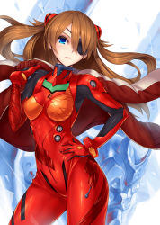 Rule 34 | 10s, 1girl, blue eyes, bodysuit, bracer, breasts, breasts apart, brown hair, closed mouth, contrapposto, cowboy shot, curvy, eva 02, evangelion: 3.0 you can (not) redo, eyepatch, from side, frown, gloves, hair ornament, hair over one eye, hand on own hip, hand up, head tilt, headgear, hip focus, holding, jacket, jacket over shoulder, legs apart, long hair, long sleeves, looking at viewer, mecha, medium breasts, neon genesis evangelion, nidy, open clothes, open jacket, over shoulder, parted bangs, plugsuit, rebuild of evangelion, red jacket, robot, serious, shiny clothes, skin tight, solo, souryuu asuka langley, standing, tape, thighs, track jacket, turtleneck, two side up, unworn jacket, wide hips