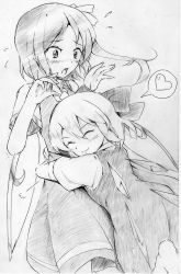 Rule 34 | 2girls, blush, bow, cirno, daiyousei, closed eyes, glomp, graphite (medium), greyscale, hair bow, happy, heart, hug, monochrome, multiple girls, open mouth, short hair, side ponytail, sketch, smile, spoken heart, surprised, surprised arms, embodiment of scarlet devil, touhou, traditional media, vent arbre, wings