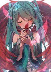 Rule 34 | 1girl, aosaki yato, aqua hair, aqua nails, aqua necktie, bare shoulders, black sleeves, closed eyes, commentary, crying, detached sleeves, earmuffs, facing viewer, feathered wings, feathers, grey shirt, hair ornament, hands up, hatsune miku, headphones, headset, highres, long hair, nail polish, necktie, red feathers, shirt, shoulder tattoo, sleeveless, sleeveless shirt, smile, solo, sparkle, tattoo, tears, twintails, very long hair, vocaloid, wings