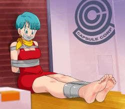 Rule 34 | 1girl, angry, arms behind back, bare shoulders, barefoot, bdsm, blue eyes, blue hair, bondage, bound, bound ankles, bound arms, breasts, bulma, capsule corp, cleavage, dragon ball, dragonball z, dress, earrings, female focus, full body, gag, gagged, highres, improvised gag, jewelry, legs, lost one zero, matching hair/eyes, mature female, medium breasts, red dress, scarf, short dress, short hair, sleeveless, sleeveless dress, solo, sweat, tape, tape bondage, tape gag, very short hair