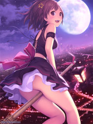 Rule 34 | 1girl, :d, armband, bare shoulders, blush, bow, breasts, broom, broom riding, brown eyes, brown hair, female focus, full moon, hair ornament, heart, ilog, lace, lace-trimmed ribbon, lace-up top, lace trim, lantern, looking at viewer, mana kakkowarai, moon, no panties, open mouth, original, purple eyes, ribbon, short hair, sitting, smile, solo, star (symbol), star hair ornament, watermark, web address, witch