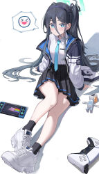 Rule 34 | &gt; &lt;, 1girl, :d, absurdres, aris (blue archive), black hair, black hairband, black skirt, black socks, blue archive, blue eyes, blue necktie, breasts, collared shirt, controller, dualsense, game controller, hair between eyes, hair spread out, hairband, halo, highres, jacket, letco2766, long hair, long sleeves, looking at viewer, multicolored clothes, multicolored jacket, necktie, nyan cat, one side up, open clothes, open jacket, open mouth, playstation controller, pleated skirt, ringed eyes, shirt, shoes, simple background, sitting, skirt, sleeves past wrists, small breasts, smile, sneakers, socks, solo, speech bubble, tie clip, very long hair, white background, white footwear, white jacket, white shirt, xd